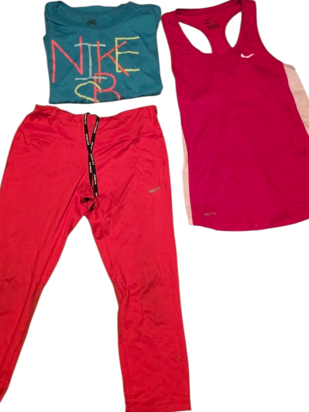 Nike Three-Piece Workout Set - Teal Top, Hot Pink Tank & Red Leggings